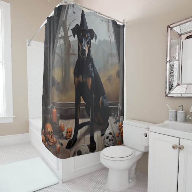 Rideaux De Douche Doberman Citrouilles Halloween Épouvantable (En situation)