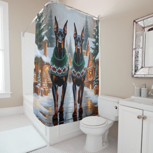 Rideaux De Douche Doberman Dogs Christmas Snow Holiday  (En situation)