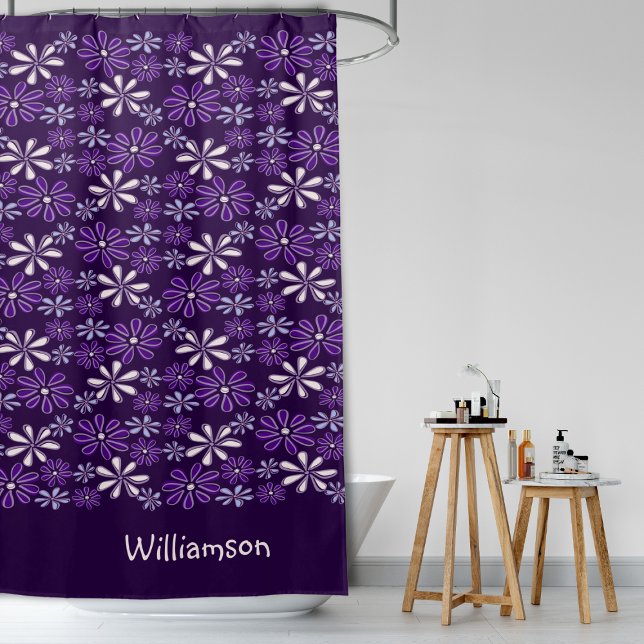 Rideaux De Douche Doodle à fleurs violet foncé monogramme élégant (Stylish Monogrammed Dark Purple Flower Doodle Shower Curtain)