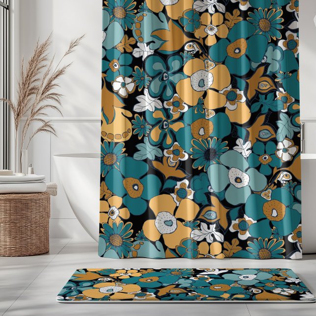 Rideaux De Douche Doodle Floral Aqua Sarcelle Moutarde Noir Blanc (Créateur téléchargé)