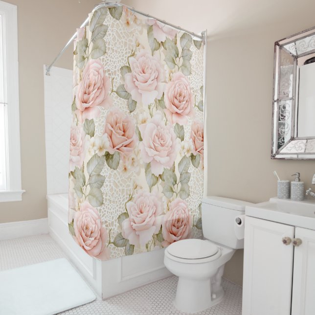 Rideaux De Douche Douce Mariée Fleurs Roses Blush Crème (En situation)