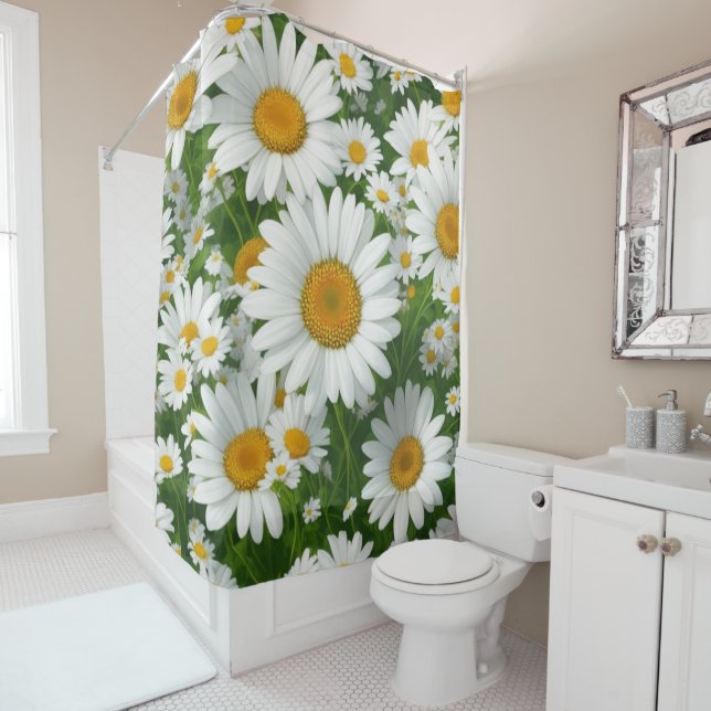 Rideaux De Douche Doux marguerite motif blanc fleurie verte (En situation)
