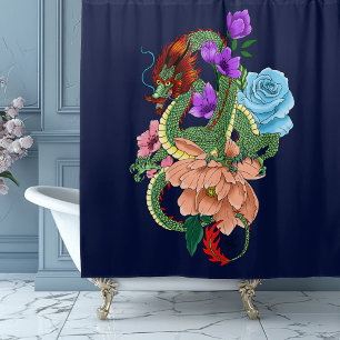 Rideaux De Douche Dragon Chinois Vert Mystique Floral Bleu Marine