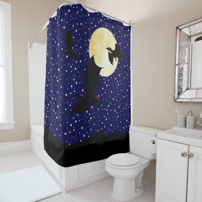 Rideaux De Douche Dragon, étoiles de scintillement, lune, stary bleu (En situation)
