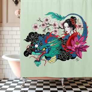 Rideaux De Douche Dragon Géisha Asiatique Cerisiers Bleu