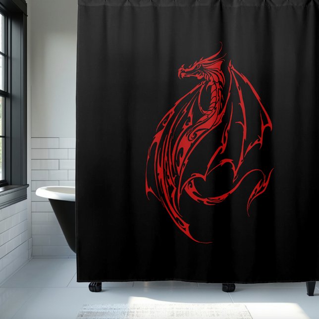 Rideaux De Douche Dragon Tribal Rouge Féroce Silhouette Fantastique (Créateur téléchargé)