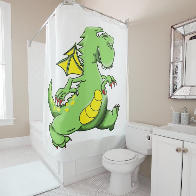Rideaux De Douche Dragon vert caricature marchant sur ses pieds (En situation)