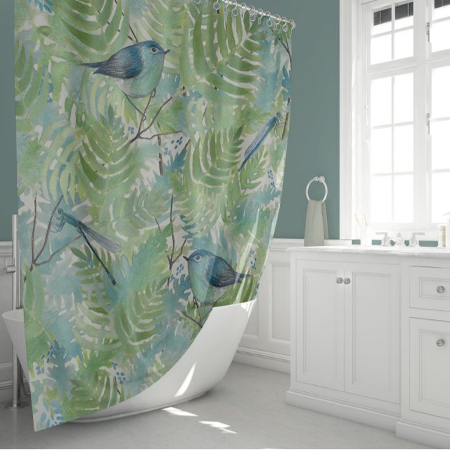 Rideaux De Douche Dragonflies d'Oiseaux de Whimsical Bleu Botanique (Elegant Birds Dragonflies Blue Fern Plants Floral Shower Curtain from Studio Posies.)