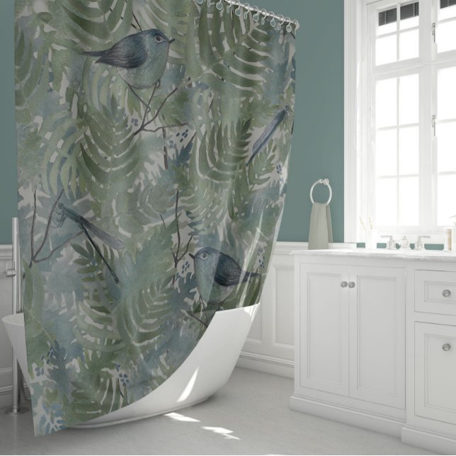 Rideaux De Douche Dragonflies d'Oiseaux de Whimsical Botanique (Whimsical Bird Dragonflies Blue Fern Plants Floral Shower Curtain from Studio Posies.)