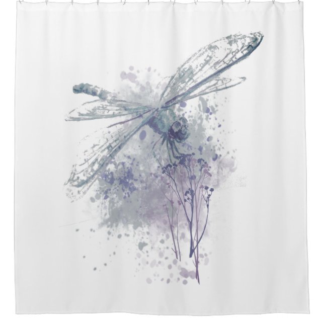 Rideaux De Douche Dragonfly d'aquarelle d'origine en gris blanc (Devant)