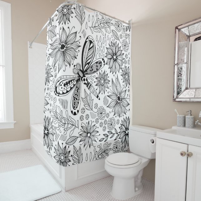 Rideaux De Douche Dragonfly et doodle de fleurs (En situation)
