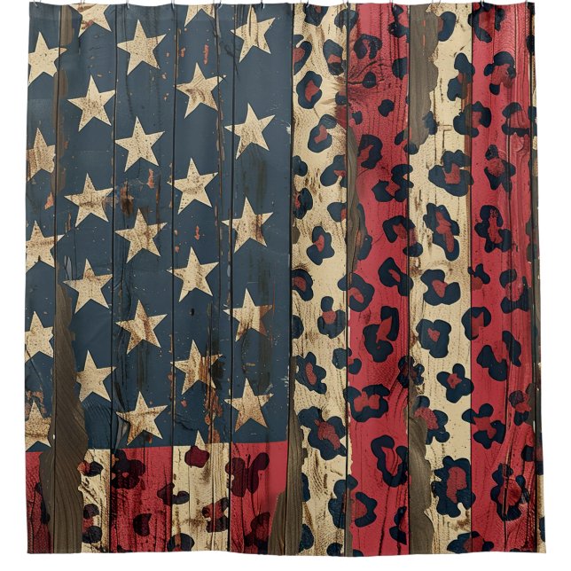 Rideaux De Douche Drapeau américain rustique imprimé léopard (1) (Devant)