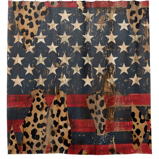 Rideaux De Douche Drapeau américain rustique imprimé léopard (3) (Devant)