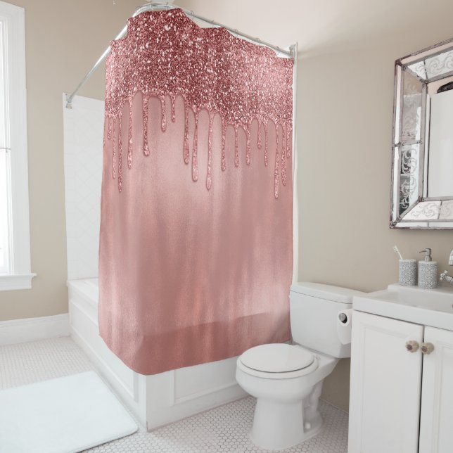 Rideaux De Douche Dripping in Rose Gold Glitter Pretty Pink Drips (En situation)