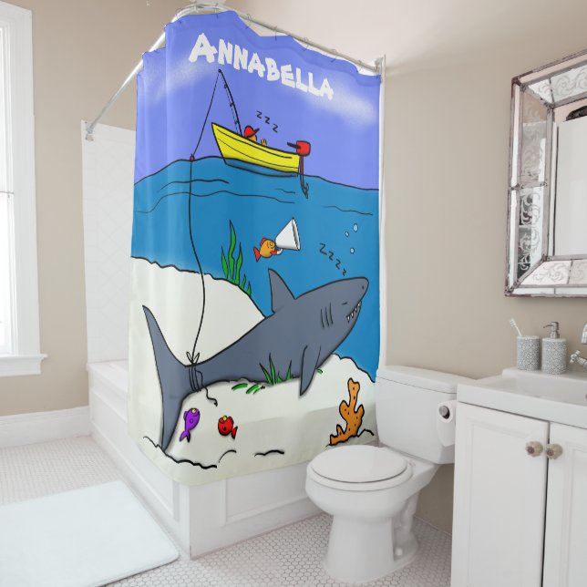 Rideaux De Douche Drôle requin couché et dessin animé de pêche (En situation)