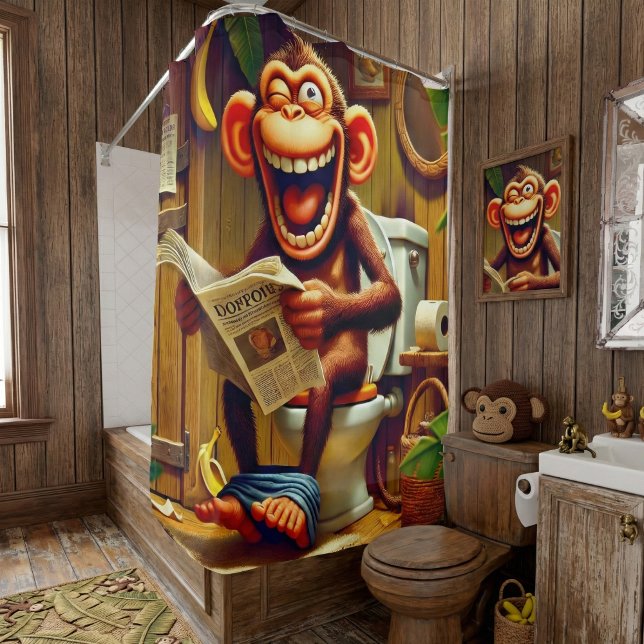 Rideaux De Douche Drôle singe caricature sur Toilet (Créateur téléchargé)