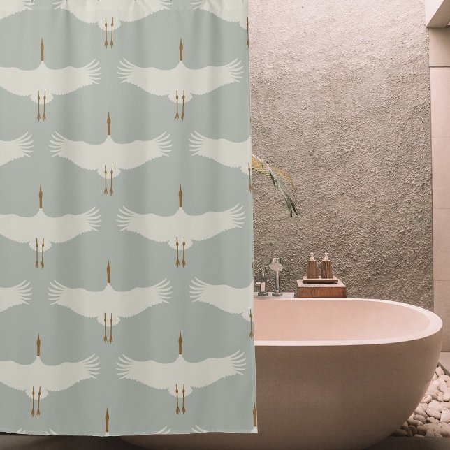 Rideaux De Douche Dusty Blue Neutral Birds Grues Art Déco Motif (Dusty Blue Neutral Birds Cranes Art Deco Pattern Shower Curtain)