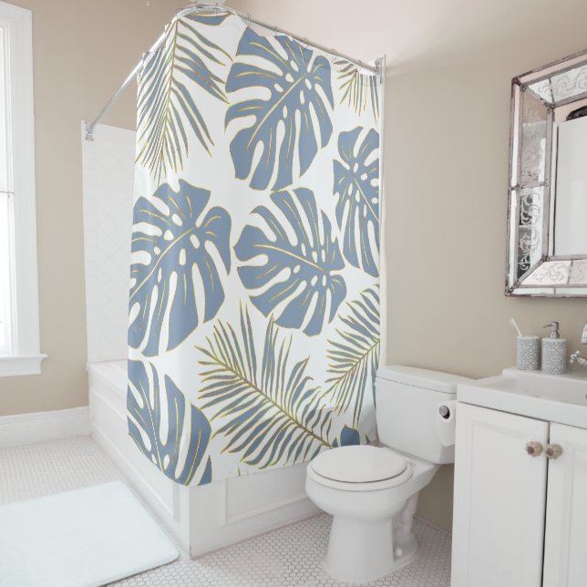 Rideaux De Douche Dusty blue tropical leaves with gold outline (En situation)