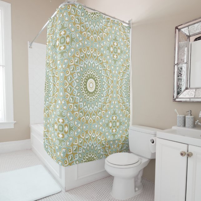 Rideaux De Douche Earthy Mandala in Green, Gold, and Soft Blue (En situation)
