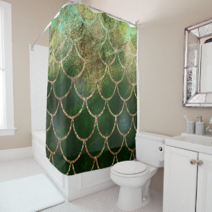 Rideaux De Douche Écailles de poisson sirène pailletées vert et or