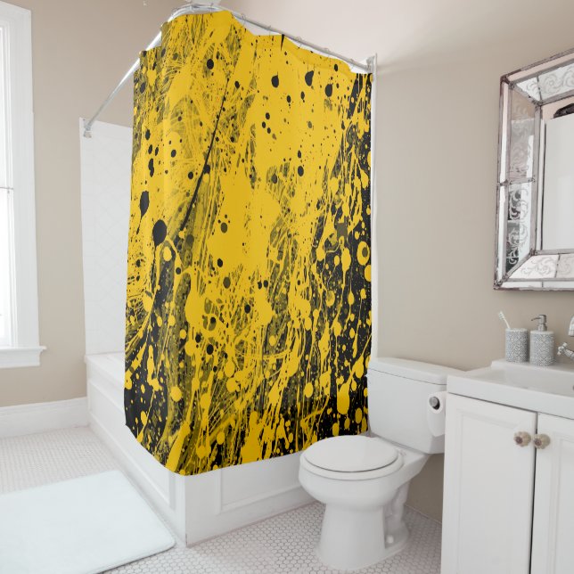 Rideaux De Douche Éclaboussures de peinture noire et jaune (En situation)