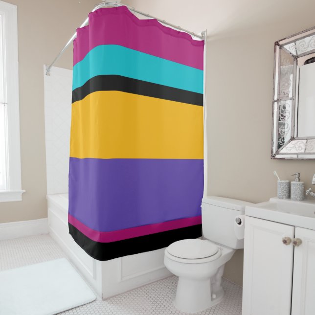 Rideaux De Douche éclat gras rayures violet jaune bleu (En situation)