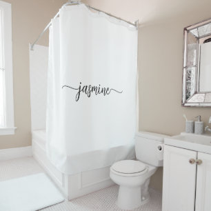 Rideaux De Douche Écriture de nom à monogramme blanc minimaliste fém