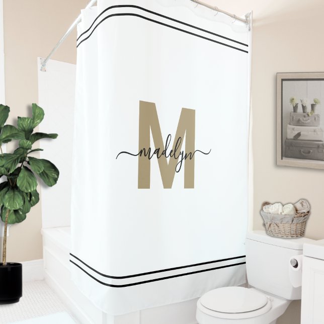 Rideaux De Douche Écriture Élégante Monogramme de Nom en Or Blanc Fé (Elegant Script White Gold Monogram Name Feminine Shower Curtain)