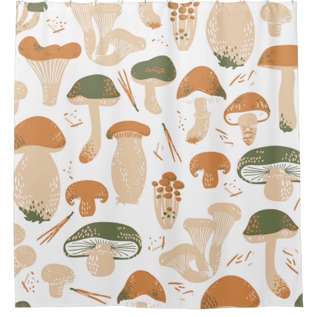 Rideaux De Douche Edible Mushrooms seamless pattern. Linocut old sty (Devant)
