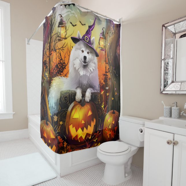 Rideaux De Douche Éffrayant Samoyed Chien Halloween sorcière et Citr (En situation)