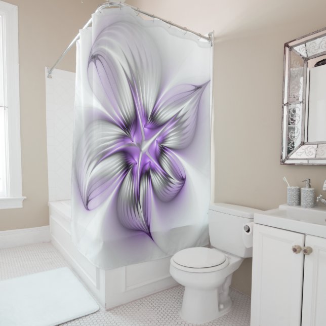 Rideaux De Douche Élégance florale Art fractal violet abstrait moder (En situation)