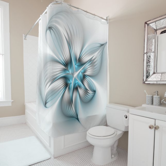 Rideaux De Douche Élégance florale Art moderne Abstrait bleu fractal (En situation)