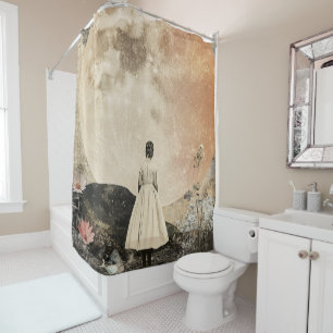 Rideaux De Douche Élégance Lune - Vue arrière de la femme avec Lune