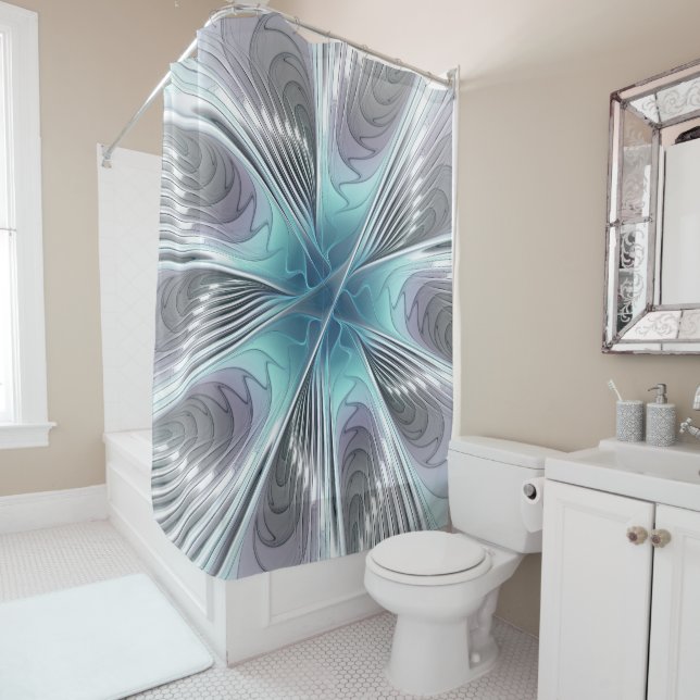 Rideaux De Douche Élégance Moderne Fleur d'Art Fractal Bleu Gris Bla (En situation)