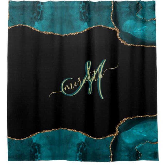 Rideaux De Douche Élégant 3 couleurs Monogramme Turquoise Black Gold (Devant)