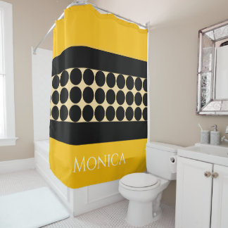 Rideaux De Douche Elegant black  beige &  yellow dots monogram name