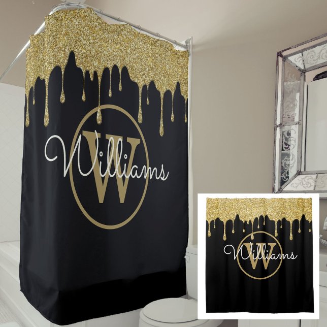Rideaux De Douche Élégant Black Gold Parties scintillant Drives Mono (Elegant Black Gold Glitter Drips Monogram Script Shower Curtain)