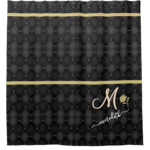 Rideaux De Douche Élégant Black Motif Gold Band Monogramme personnal