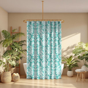 Rideaux De Douche Elégant blanc & turquoise Motif de Damas Florales