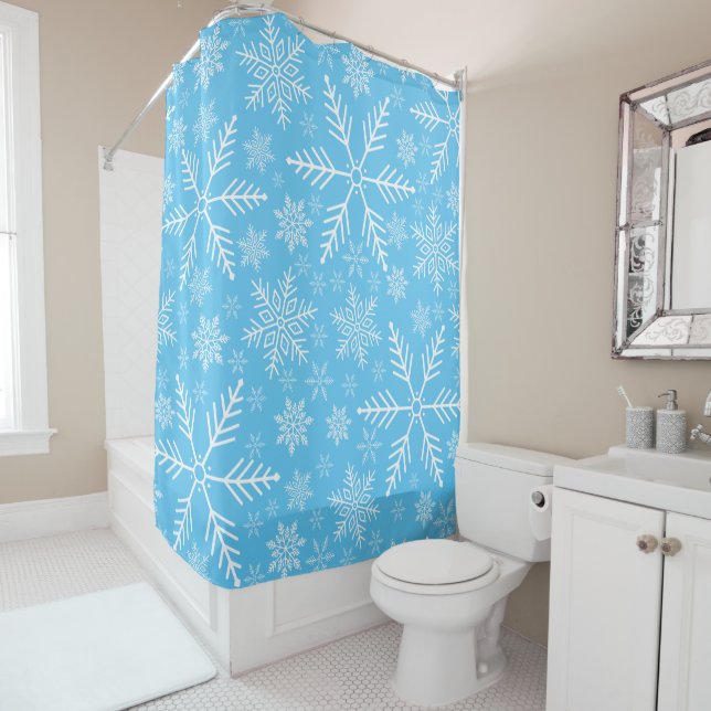 Rideaux De Douche Elégant Blue Aqua White Winter Snowflake (En situation)
