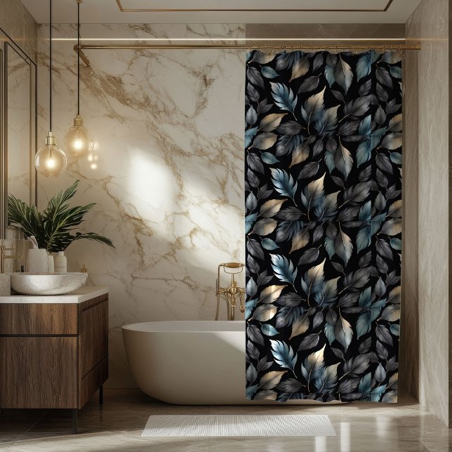 Rideaux De Douche Élégant botanique à feuilles noires et dorées (Créateur téléchargé)