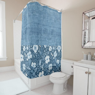 Rideaux De Douche Elégant Botanique Bleu Faux Denim Look Demi N Demi