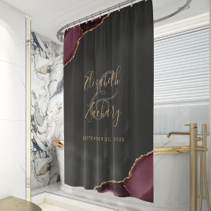 Rideaux De Douche Elégant Burgundy Agate Gold Noms de mariée nouvell