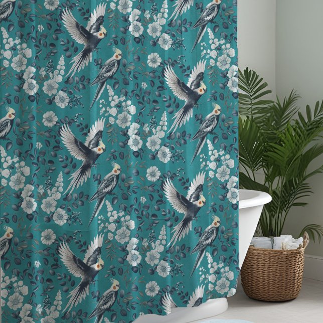 Rideaux De Douche Elegant Chinoiserie Cockatiel Birds Floral Teal (Chinoiserie shower curtain with gray cockatiels, florals, and eucalyptus on a blue-green backdrop.)