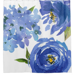 Rideaux De Douche Elégant Cornflower Blue Floral Peonies Aquarelle