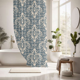 Rideaux De Douche Élégant Damas de crème bleue