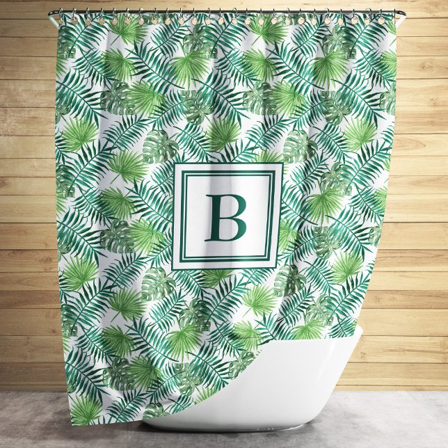 Rideaux De Douche Élégant Feuille Monogram Palm Motif (Elegant Monogram Palm Leaves Pattern Shower Curtain)