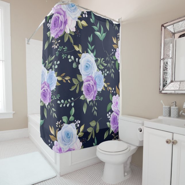 Rideaux De Douche Élégant floral pourpre (En situation)