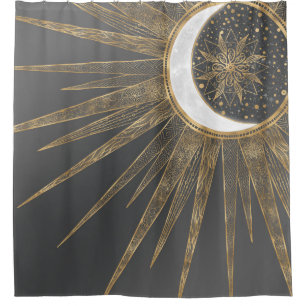 Rideaux De Douche Elegant Gold Doodles Sun Moon Mandala Design