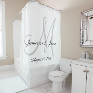 Rideaux De Douche Élégant gris blanc Monogramme Noms Mariage